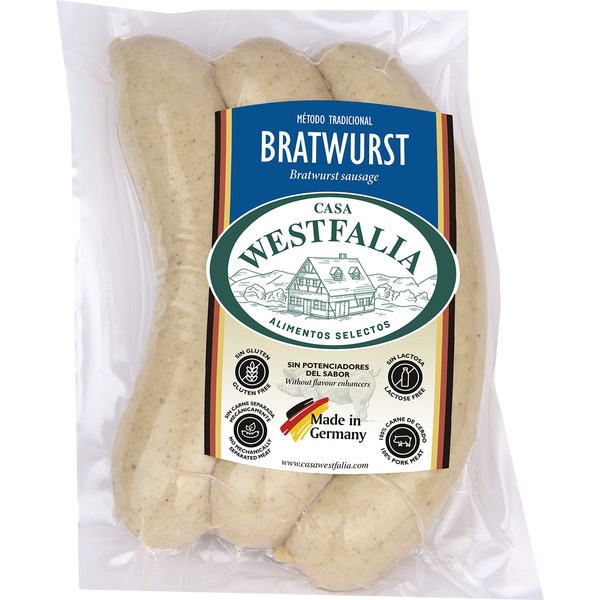 Bratwurst cooked pork sausages in natural casings for roasting 3-pack container 270 g gluten-free, lactose-free