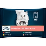 Perle wet cat food selection of thin meat and fish slices for cats 4 bags 85 g with beef, chicken, rabbit and salmon