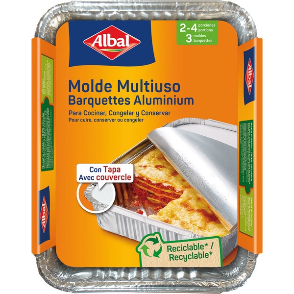 Multiuse aluminium mould with lid 22x17 cm 2 or 4 portions container 3 units