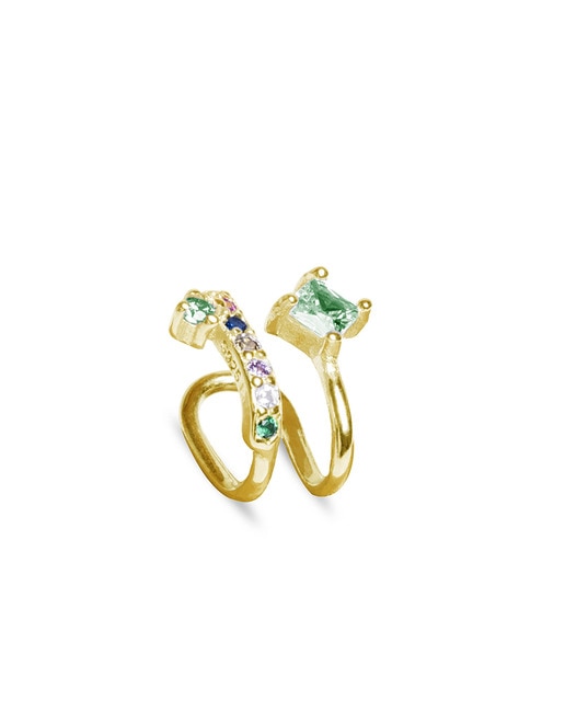 Pendiente único. Earcuff zari de plata de ley 925 y circonita multicolor con acabado en baño de oro amarillo de 18 quilates