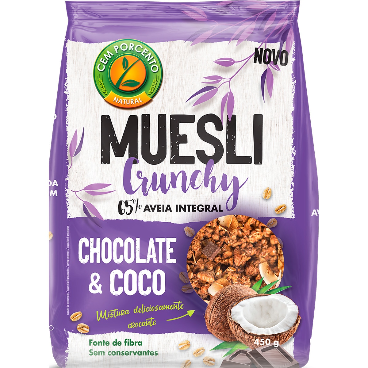 Muesli Crunchy 65 de Aveia Integral Chocolate e Coco embalagem 450 g