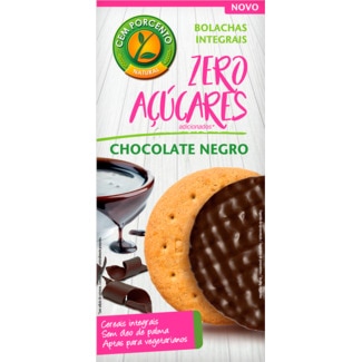 Cem Porcento Bolachas Integrais Zero Açúcares Adicionados de Chocolate Negro embalagem 130 g