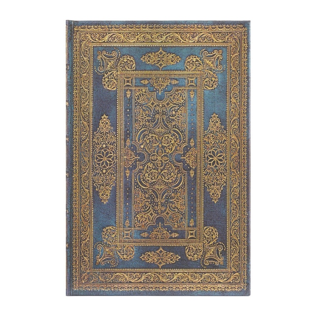 Libreta Lujo Azul Mini (95x140x18mm) rayada de 176 páginas y cierre con banda elástica cortes del libro impresos Paperblanks azul.