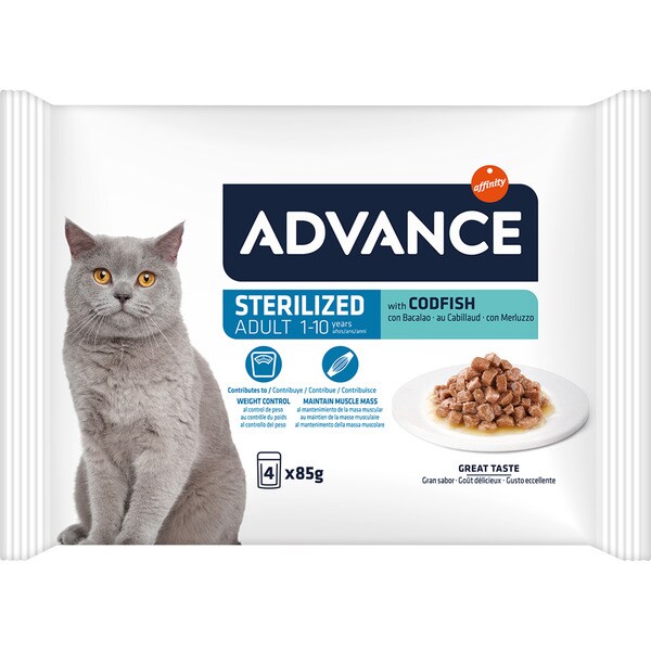 Sterilized comida húmeda en salsa para gatos esterilizados con bacalao 4 sobres 85 g