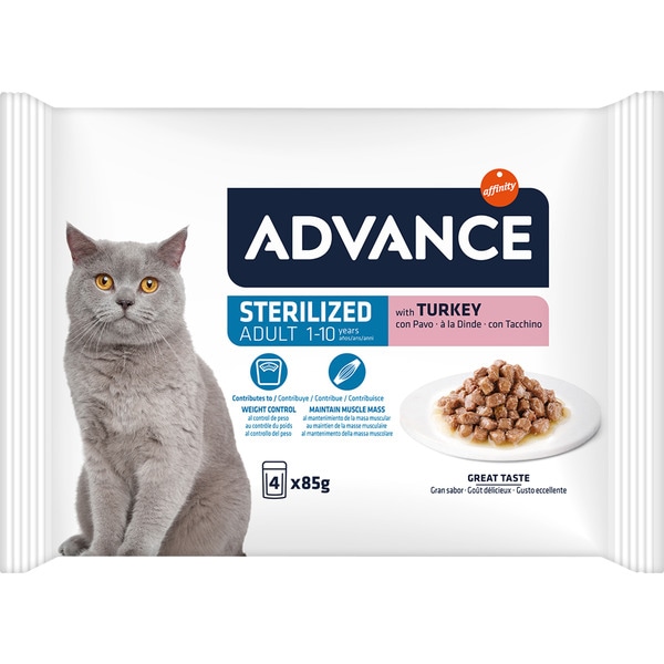 Sterilized comida húmeda en salsa para gatos esterilizados con pavo 4 sobres 85 g