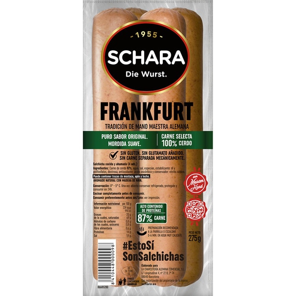 Cooked and smoked pork Frankfurt sausages without natural casings 4 sausages container 275 g gluten-free, lactose-free