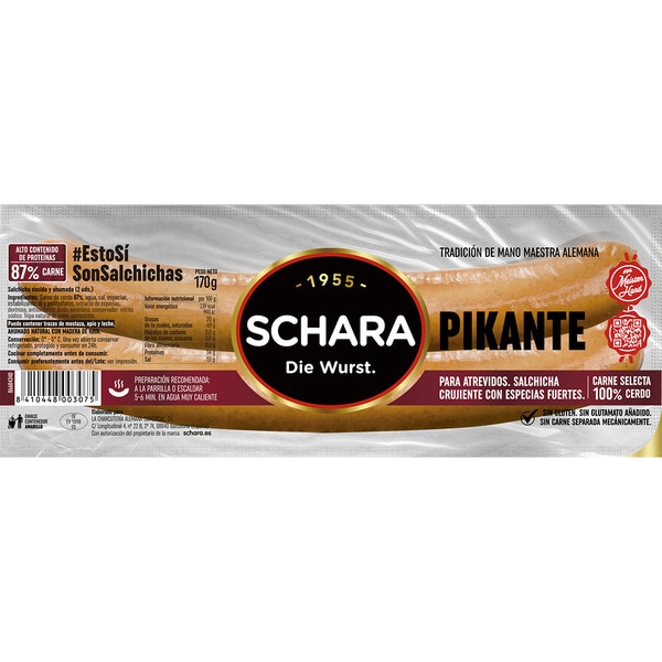 Spicy cooked and smoked pork Frankfurt sausages in natural casings container 170 g spiced with chilli, gluten-free and lactose-free 2-pack
