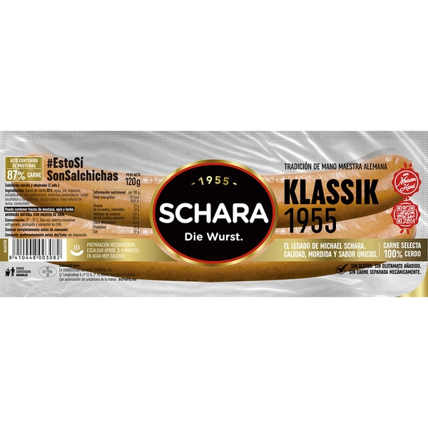 Heritage Klassik 1955 salchichas cocidas y ahumadas de cerdo en tripa natural 2 piezas envase 120 g sin gluten sin lactosa