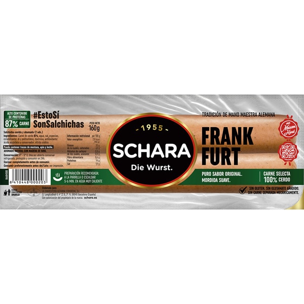 Cooked and smoked pork Frankfurt sausages without natural casings 2 sausages container 160 g gluten-free, lactose-free