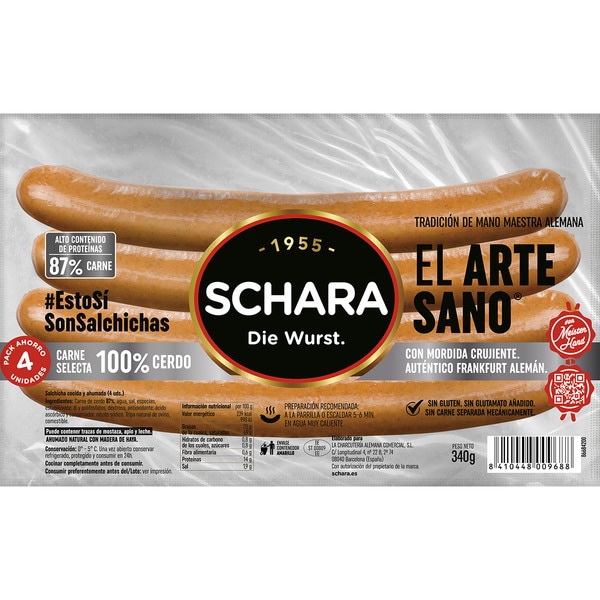 Meisterhand El Artesano salchichas Frankfurt cocidas y ahumadas de cerdo en tripa natural envase 340 g sin gluten sin lactosa 4 piezas