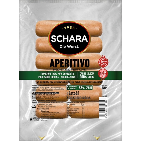 salchichas Frankfurt cocidas y ahumadas de cerdo sin tripa natural especial aperitivo envase 140 g sin gluten sin lactosa 12 piezas