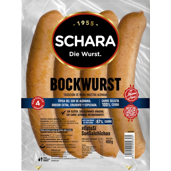 Cooked and smoked pork Bockwurst sausages in natural spiced skins container 400 g with paprika, gluten-free and lactose-free 4-pack