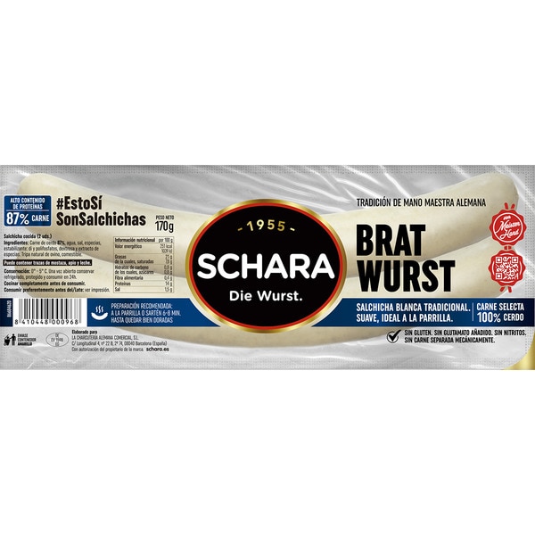 Bratwurst white cooked pork sausages in natural casings, mild flavour 2-pack container 170 g gluten-free, lactose-free