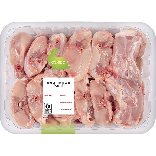 Ganzes Kaninchen in Stücken zur Zubereitung mit Knoblauchöl ungefähres Gewicht Schale 1,1 kg