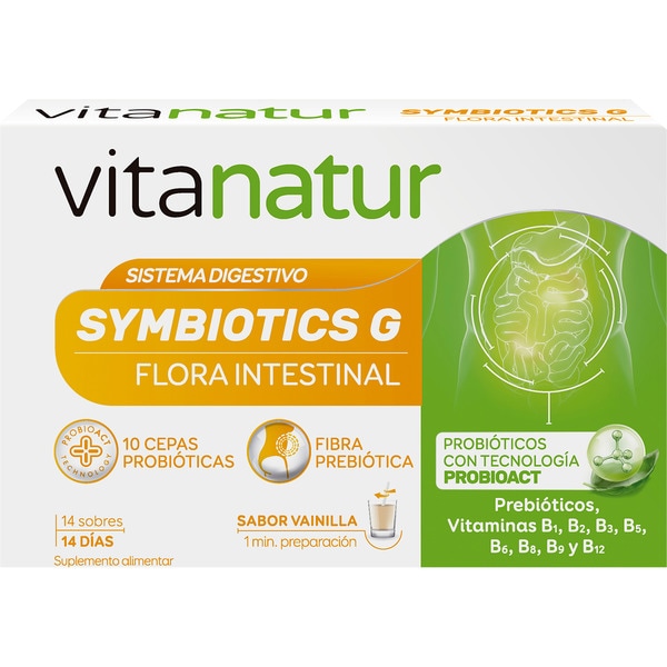 Symbiotics G Nahrungsergänzungsmittel mit Probiotika und präbiotischen Ballaststoffen Box 14 Tütchen Vanillegeschmack tragen zum Gleichgewicht der Darmmikrobiota bei