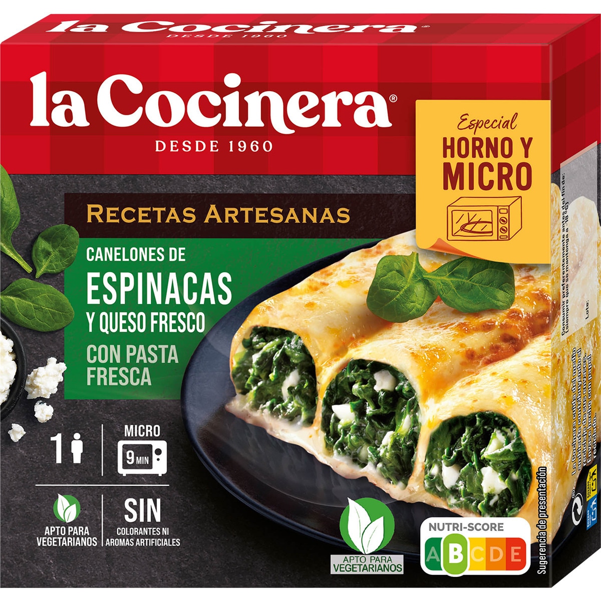 canelones de espinacas y queso fresco para horno o micro 1 ración