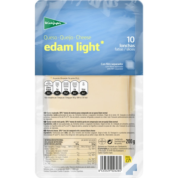queso edam de vaca light elaborado con leche pasteurizada en lonchas envase 200 g