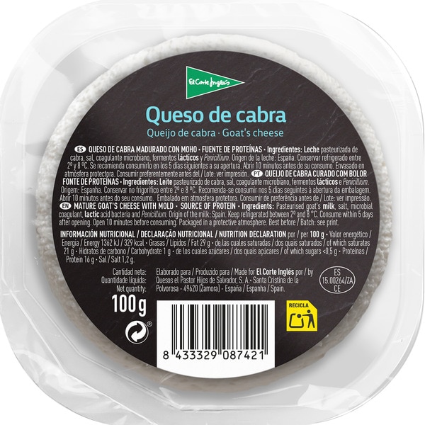 medallón de queso de cabra madurado con moho elaborado con leche pasteurizada envase 100 g