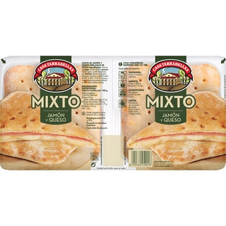 CASA TARRADELLAS sándwich mixto de jamón y queso con masa de pizza pack 2 x 120 g envase 240 g