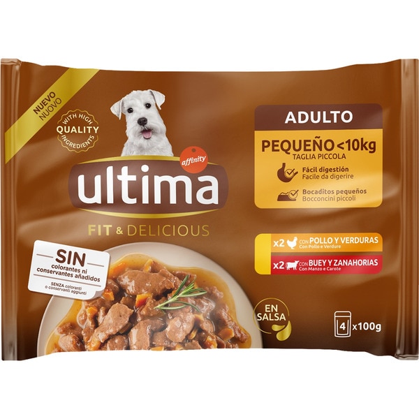 Fit&Delicious comida húmeda para perros minis adultos con pollo 2 sobres 100 g con buey 2 sobres 100 g