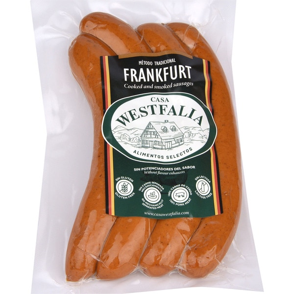 salchichas Frankfurt cocidas y ahumadas de cerdo en tripa natural 4 piezas envase 200 g sin gluten sin lactosa