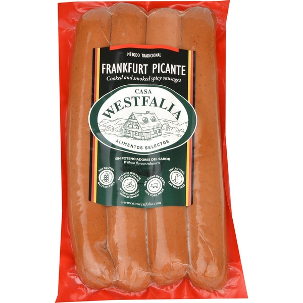 Gekochte, scharfe Frankfurter Räucherwürstchen vom Schwein ohne Naturdarm 4 St. Behälter 270 g gluten- und laktosefrei