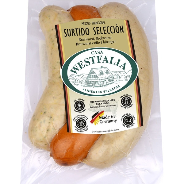surtido de salchichas selección cocidas en tripa natural envase 270 g Bratwurst, Bockwurst y Bratwurst sin gluten sin lactosa 3 piezas