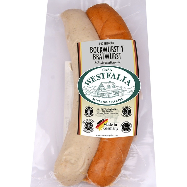 Bratwurst and Bockwurst cooked and smoked pork sausage duo in natural casings 2-pack container 180 g gluten-free, lactose-free