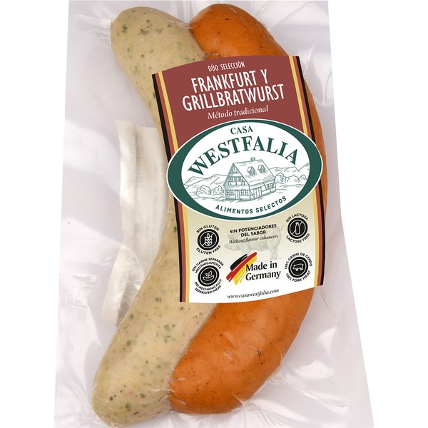 salchichas dúo Frankfurt y Grillbratwurst cocidas y ahumadas con tripa natural 2 piezas envase 180 g sin gluten sin lactosa
