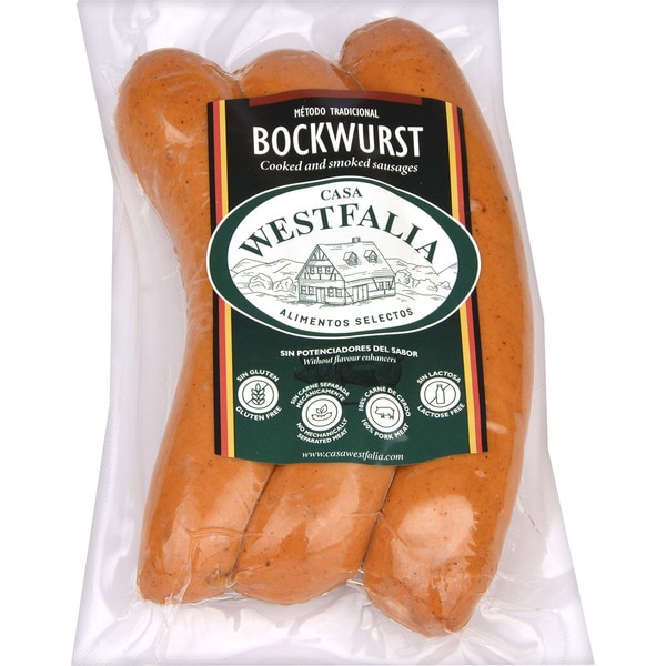 Cooked and smoked pork Bockwurst sausages in natural skins 3-pack container 270 g gluten-free, lactose-free