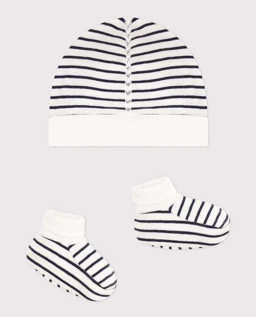 Juego de gorro y patucos marineros para bebé