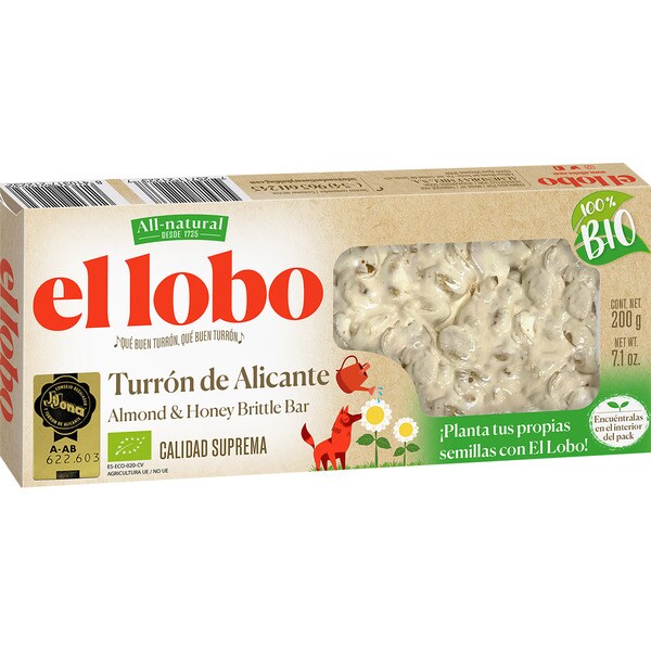 EL LOBO turrón duro de Alicante 100% Bio Calidad Suprema IGP Jijona estuche 200 g
