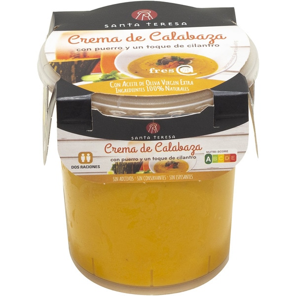 crema de calabaza con puerro y un toque de cilantro con AOVE 2 raciones vaso 400 ml sin gluten sin lactosa