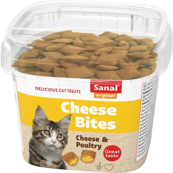 Snack für ausgewachsene Katzen Käse- und Freilandhuhnhäppchen Behälter 75 g