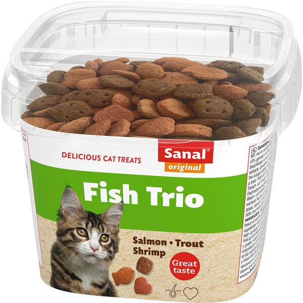 Snack für ausgewachsene Katzen Trio Lachs, Forelle und Garnelen Behälter 75 g