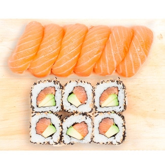 SUSHISPOT Odaiba box sushi variado bandeja 12 piezas con 6 Nigiris de Salmón y 6 Uramaki de salmón, aguacate, mayonesa y sésamo
