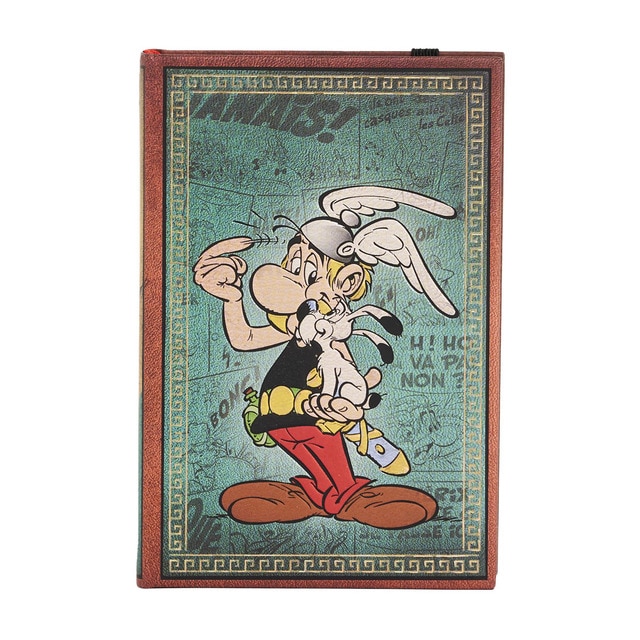 Libreta Astérix el Galo Mini (95x140x18mm) rayada de 176 páginas y cierre con banda elástica Paperblanks azul.