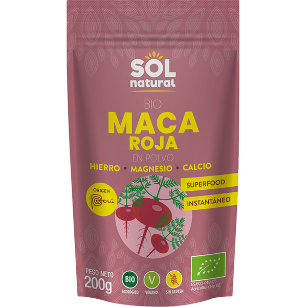 SOL NATURAL Bio maca roja en polvo con hierro, magnesio y calcio ecológica y sin gluten bolsa 200 g