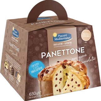 PIACERI MEDITERRANEI panettone con gotas de chocolate sin gluten y sin lactosa envase 650 g