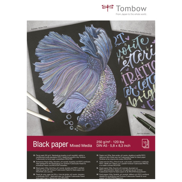 Pack 15 hojas papel de dibujo A5 Tombow negro.