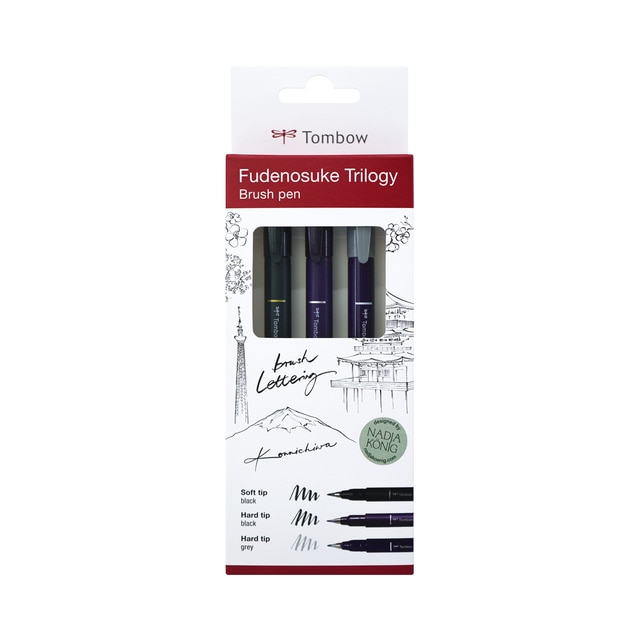 Estuche 3 rotuladores lettering fudenosuke Tombow negro y gris.