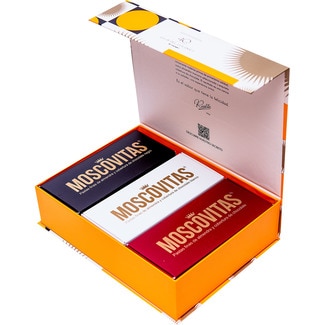 MOSCOVITAS Mandelgebäck mit 3 Schokoladenüberzügen Jubiläumsausgabe zum 40. Jahrestag Karton 480 g