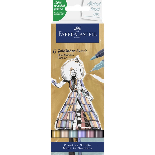 Set 6 rotuladores sketch marker doble punta base alcohol moda Goldfaber Faber-Castell.