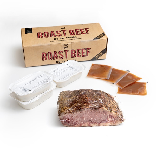Roast beef lomo de ternera asado +  salsa española 4x50 g + puré de patata trufado 2x250 g caja 1800 g + cebollitas caramelizadas 250 g
