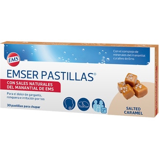 EMSER Tabs mit natürlichen EMS-Quellsalzen mit Geschmacksrichtung salziges Karamell Box 30 Einheiten gegen Halsschmerzen, Heiserkeit und Hustenreiz