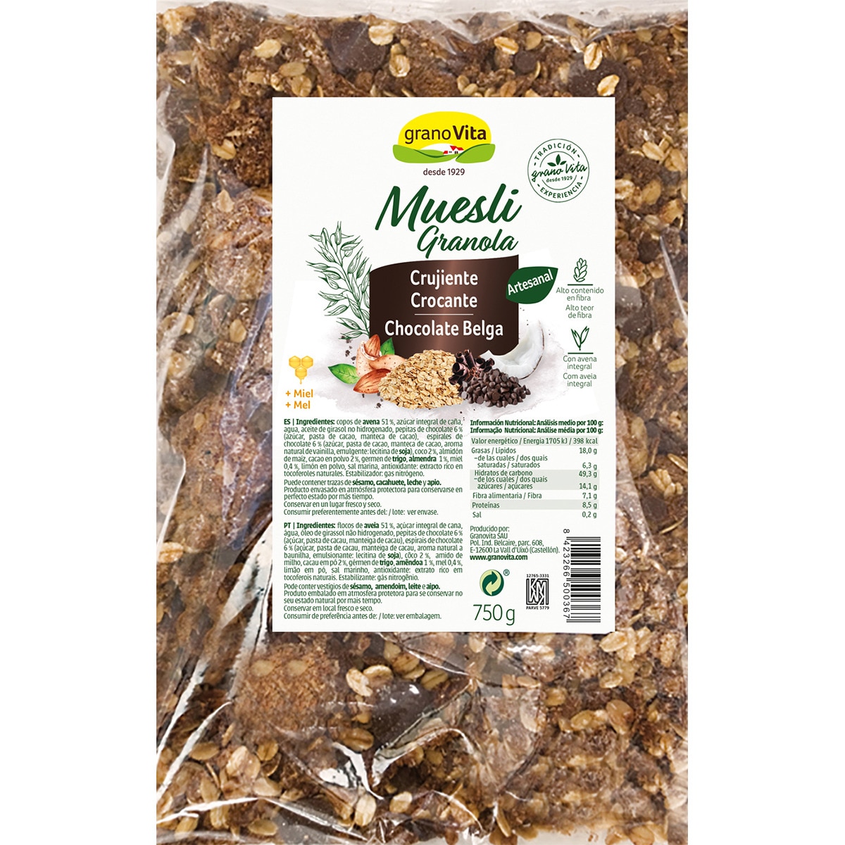 Muesli granola crujiente con chocolate belga bolsa 750 g · GRANOVITA