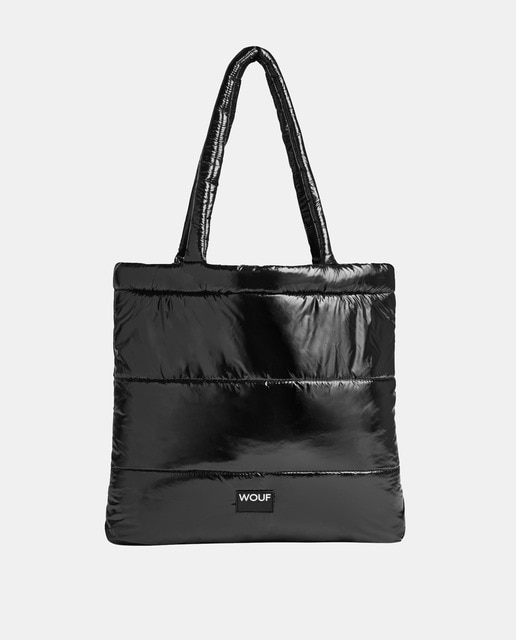 Combined black recycled fabric tote bag with button · Women's