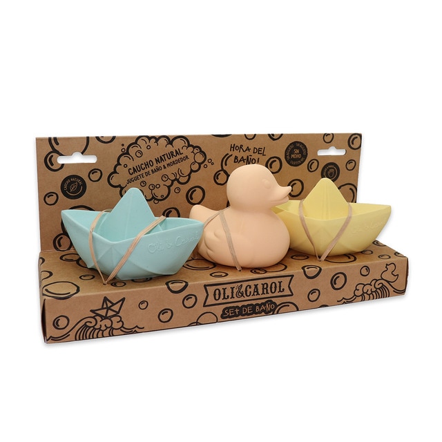 Set de juguetes de baño Oli&Carol caucho natural con 2 barcos origami y un pato