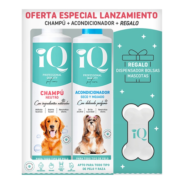 Pack champú neutro + acondicionador seco y mojado IQ para perros y gatos + regalo dispensador bolsas