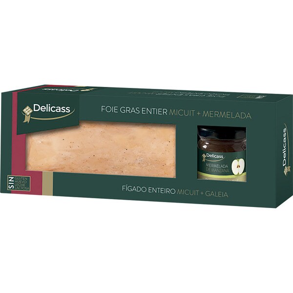 Ganzes Enten-Foie-gras mi cuit glutenfrei Behälter 200 g mit Apfelmarmelade und Zimt 50 g als Geschenk